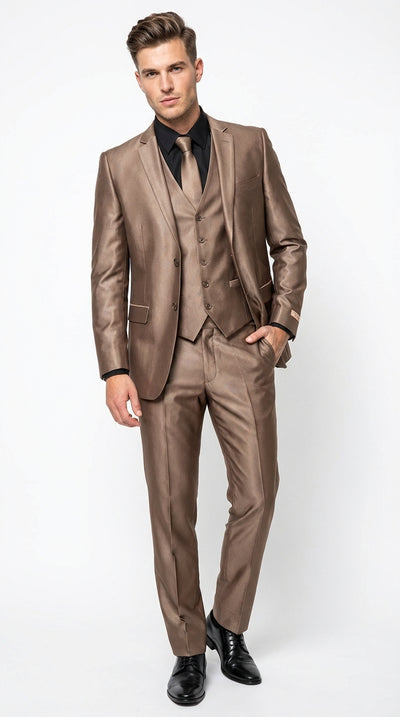 Men’s Bronze Brown Mocco 3 Piece Suit – Modern Formal Suit Set for Wedding, Prom and Business Events Light Brown Coffee Dark Tan