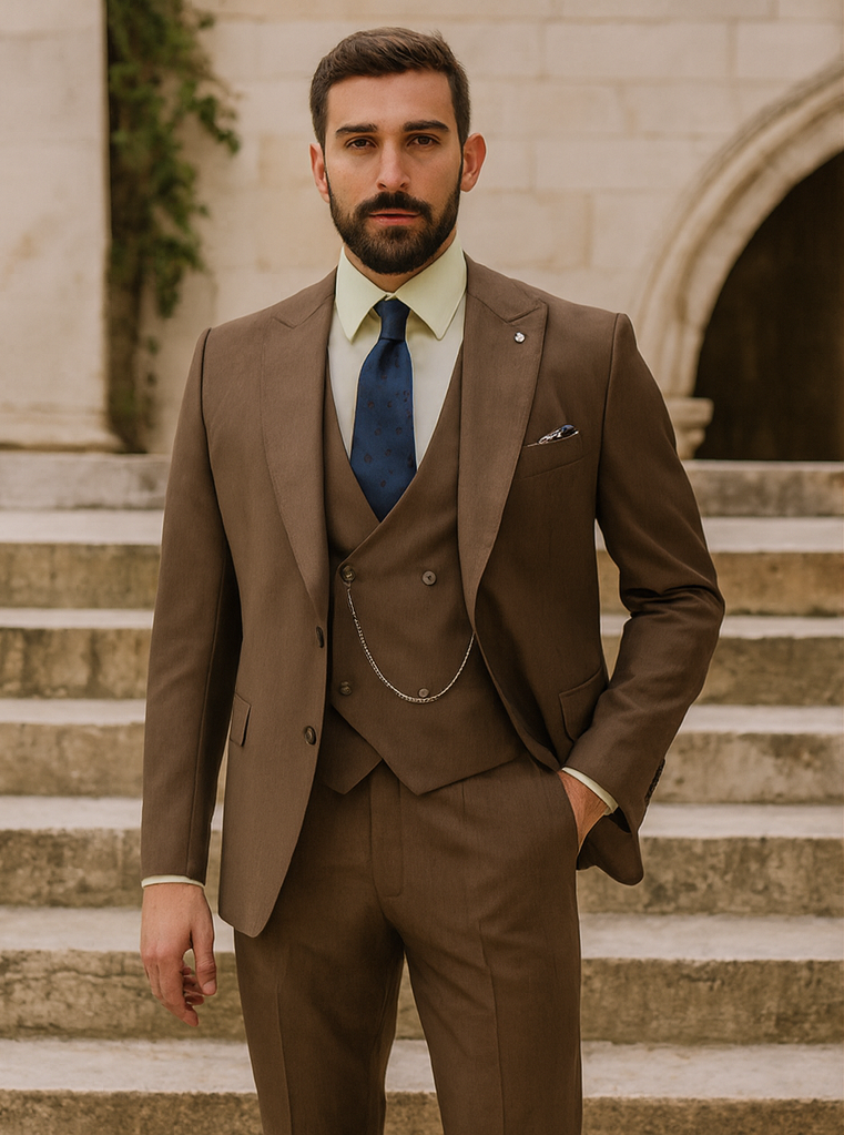 Men’s Brown 3-Piece Suit with Vest and Chain – Classic Formal Wear