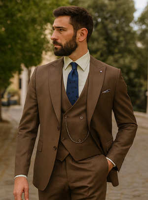 Men’s Brown 3-Piece Suit with Vest and Chain – Classic Formal Wear