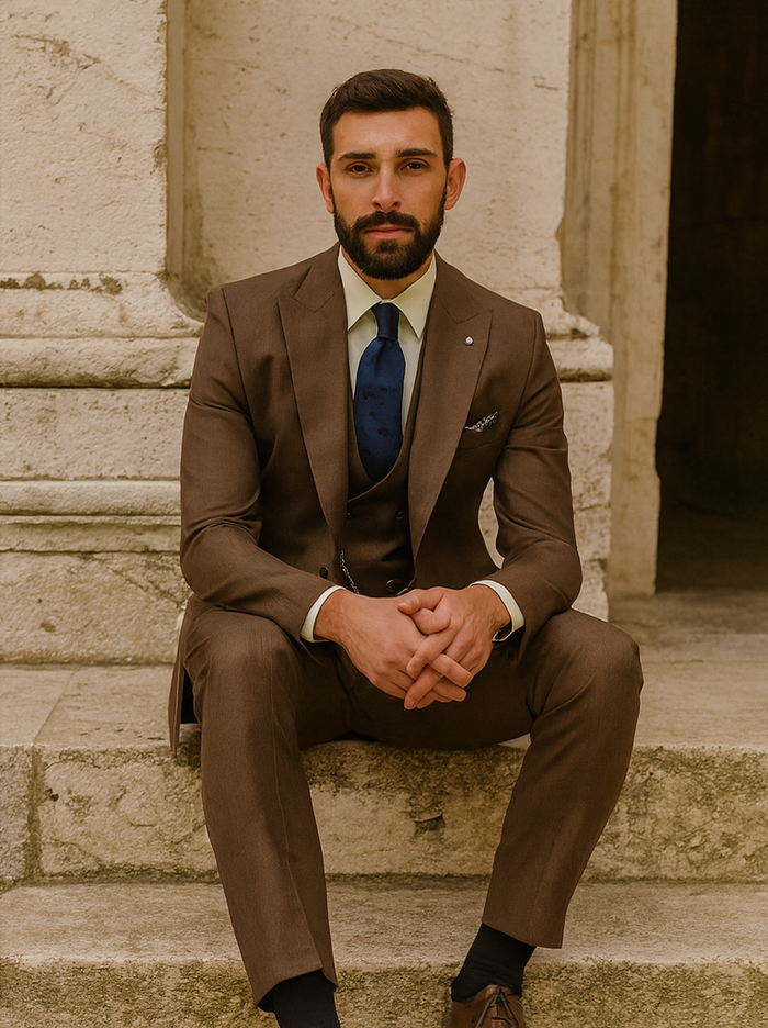 Men’s Brown 3-Piece Suit with Vest and Chain – Classic Formal Wear