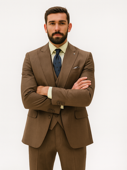 Men’s Brown 3-Piece Suit with Vest and Chain – Classic Formal Wear