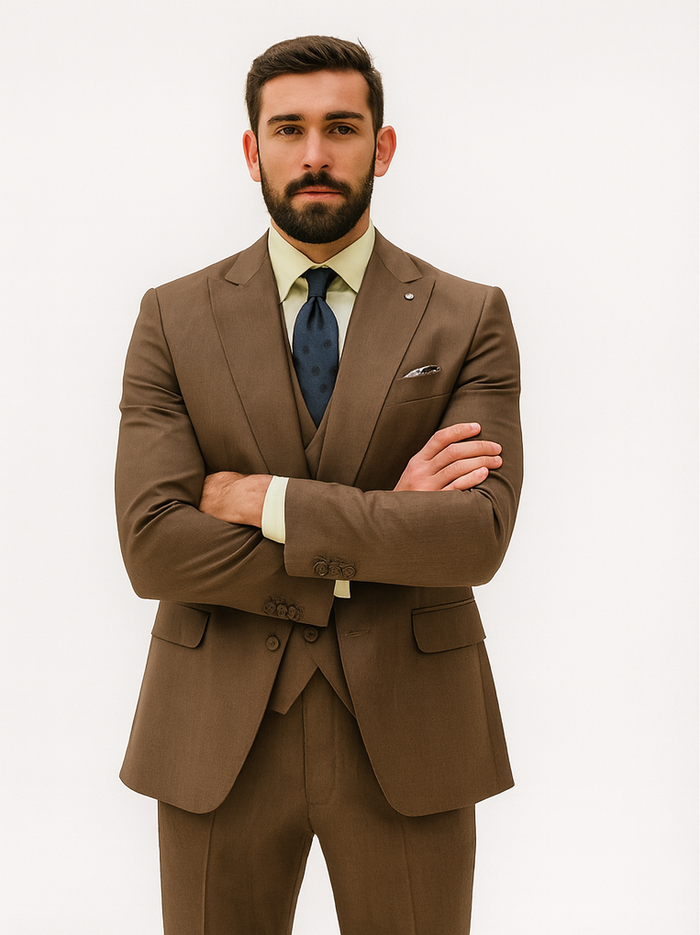 Men’s Brown 3-Piece Suit with Vest and Chain – Classic Formal Wear