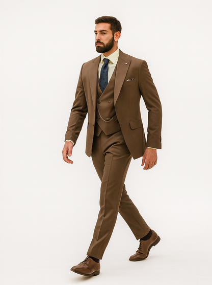 Men’s Brown 3-Piece Suit with Vest and Chain – Classic Formal Wear