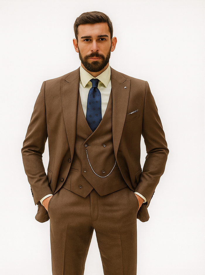 Men’s Brown 3-Piece Suit with Vest and Chain – Classic Formal Wear