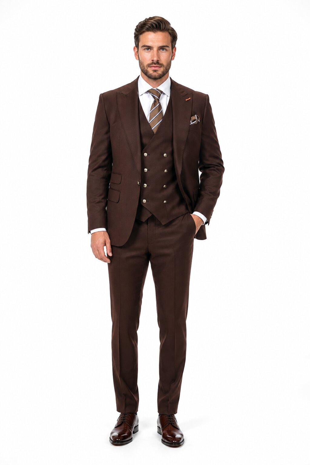 Men's Hunter Statement Ticket Pocket Peak Lapel Wool Double Breasted Vest Suit with Silver Buttons – Modern Fit