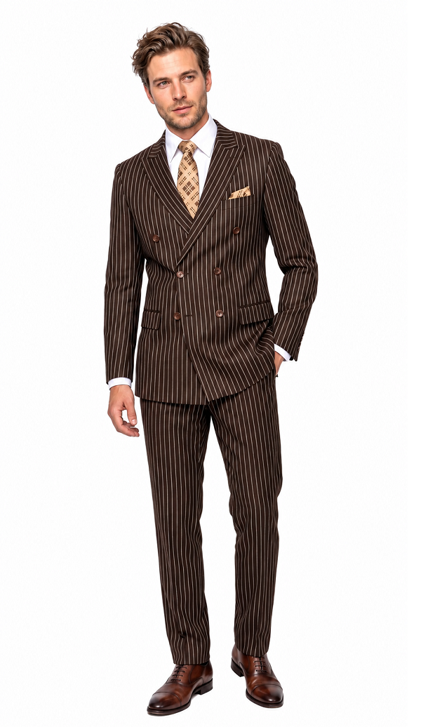 Men’s Brown Gangster Pinstripe Double Breasted Wool Suit, Designer Formal Wedding Suit By Statement