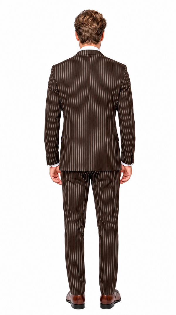Men’s Brown Gangster Pinstripe Double Breasted Wool Suit, Designer Formal Wedding Suit By Statement