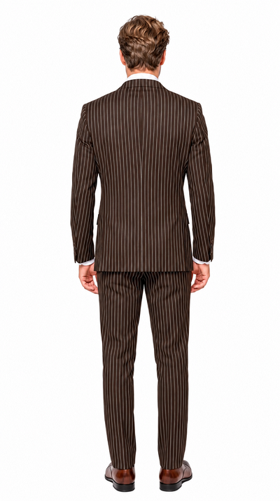 Men’s Brown Gangster Pinstripe Double Breasted Wool Suit, Designer Formal Wedding Suit By Statement