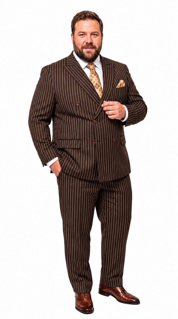 Men’s Brown Gangster Pinstripe Double Breasted Wool Suit, Designer Formal Wedding Suit By Statement