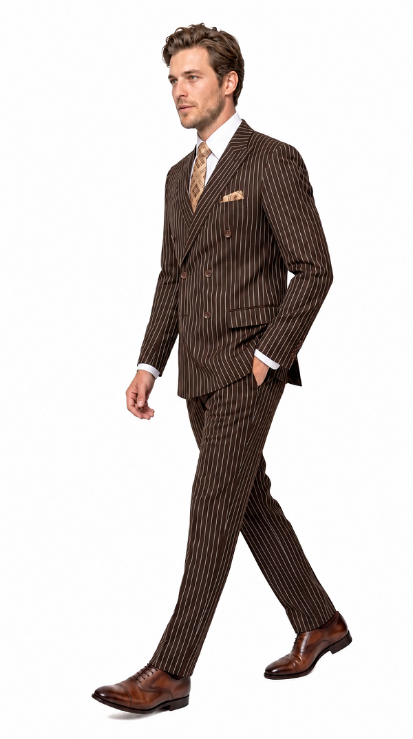 Men’s Brown Gangster Pinstripe Double Breasted Wool Suit, Designer Formal Wedding Suit By Statement
