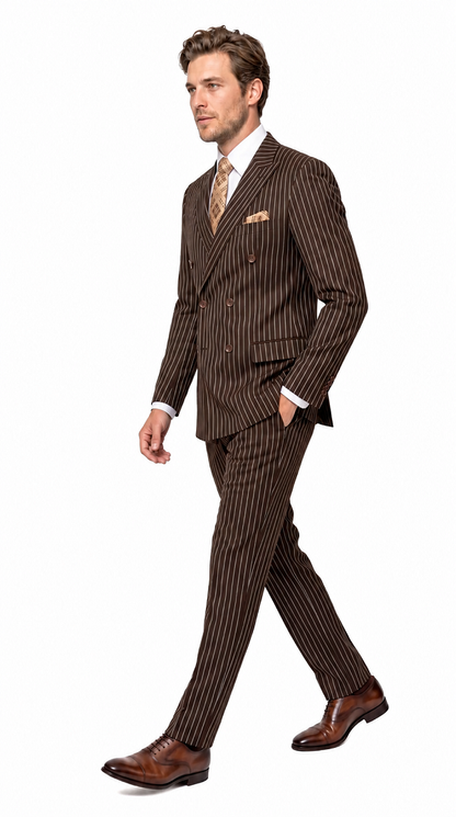 Men’s Brown Gangster Pinstripe Double Breasted Wool Suit, Designer Formal Wedding Suit By Statement