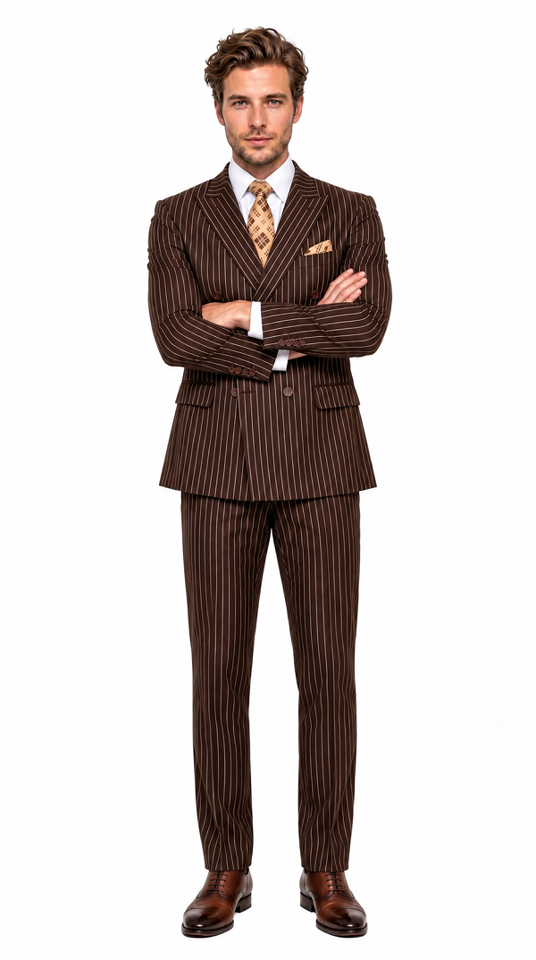 Men’s Brown Gangster Pinstripe Double Breasted Wool Suit, Designer Formal Wedding Suit By Statement