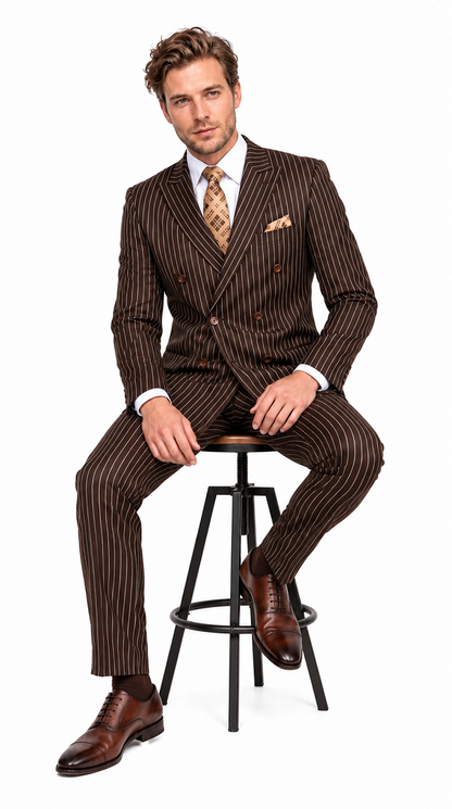 Men’s Brown Gangster Pinstripe Double Breasted Wool Suit, Designer Formal Wedding Suit By Statement