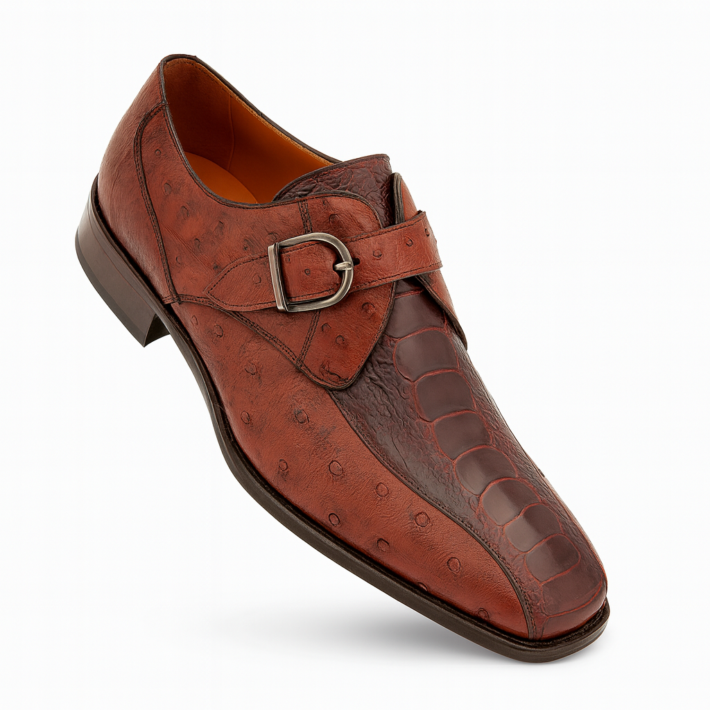Mezlan Men's Genuine Full Quill Ostrich Leg Monk Brown  Strap Shoes 1   - from alligatorwarehouse.com