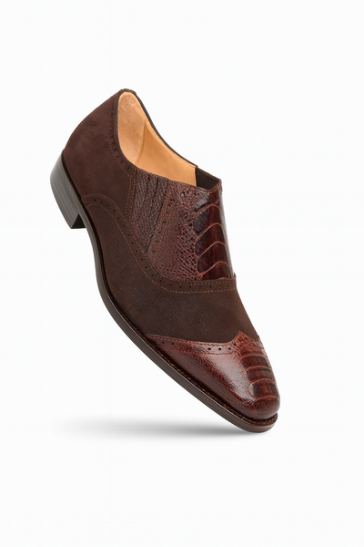 Brown Ostrich and English Suede Gored Slip On Dress Shoes for men By Mezlan Made In Spain Brand 1   - from alligatorwarehouse.com