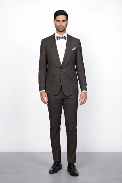 Men's Rossiman Rossi Man Brand Plaid Tapered Leg Lower Rise Pants & Get Skinny Brown 1 Button Slim Fit Peak Lapel Suit