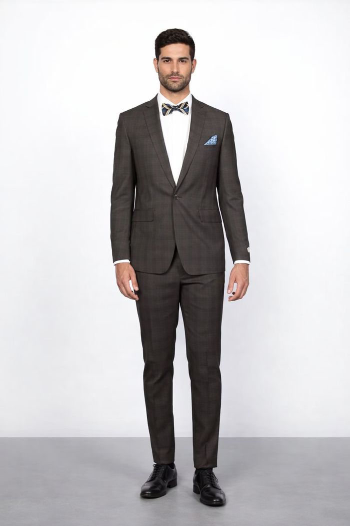 Men's Rossiman Rossi Man Brand Plaid Tapered Leg Lower Rise Pants & Get Skinny Brown 1 Button Slim Fit Peak Lapel Suit