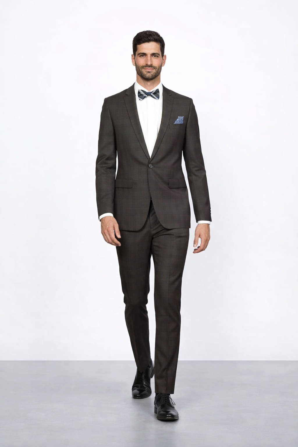 Men's Rossiman Rossi Man Brand Plaid Tapered Leg Lower Rise Pants & Get Skinny Brown 1 Button Slim Fit Peak Lapel Suit