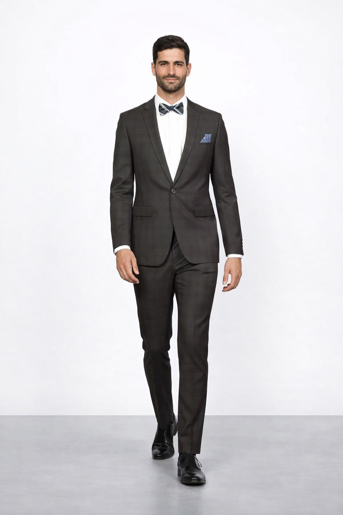 Men's Rossiman Rossi Man Brand Plaid Tapered Leg Lower Rise Pants & Get Skinny Brown 1 Button Slim Fit Peak Lapel Suit