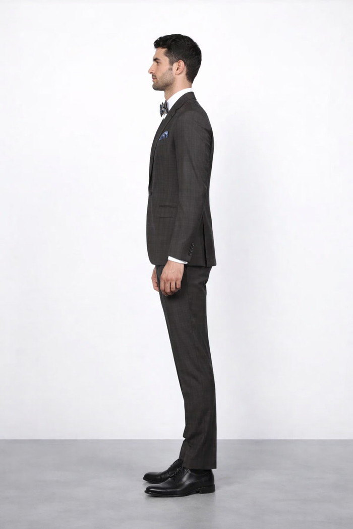 Men's Rossiman Rossi Man Brand Plaid Tapered Leg Lower Rise Pants & Get Skinny Brown 1 Button Slim Fit Peak Lapel Suit