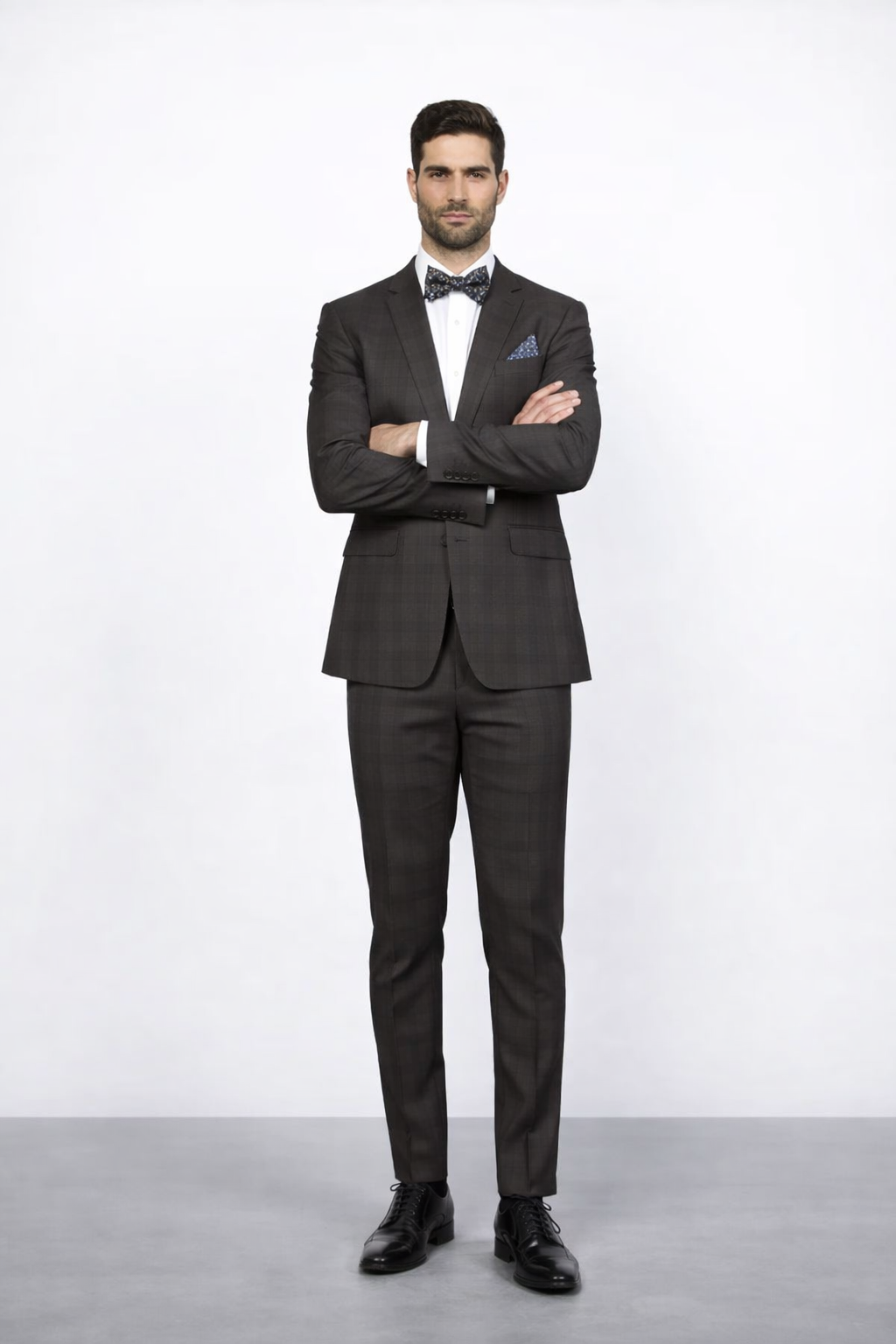 Men's Rossiman Rossi Man Brand Plaid Tapered Leg Lower Rise Pants & Get Skinny Brown 1 Button Slim Fit Peak Lapel Suit