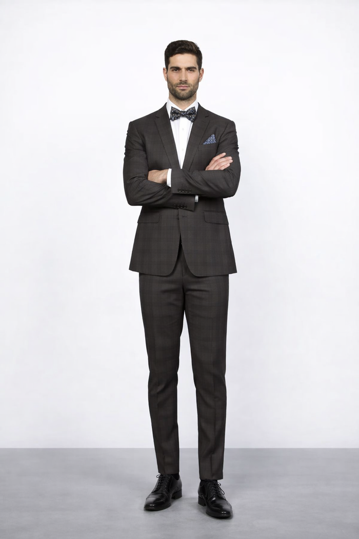 Men's Rossiman Rossi Man Brand Plaid Tapered Leg Lower Rise Pants & Get Skinny Brown 1 Button Slim Fit Peak Lapel Suit