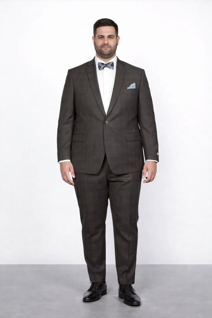 Men's Rossiman Rossi Man Brand Plaid Tapered Leg Lower Rise Pants & Get Skinny Brown 1 Button Slim Fit Peak Lapel Suit