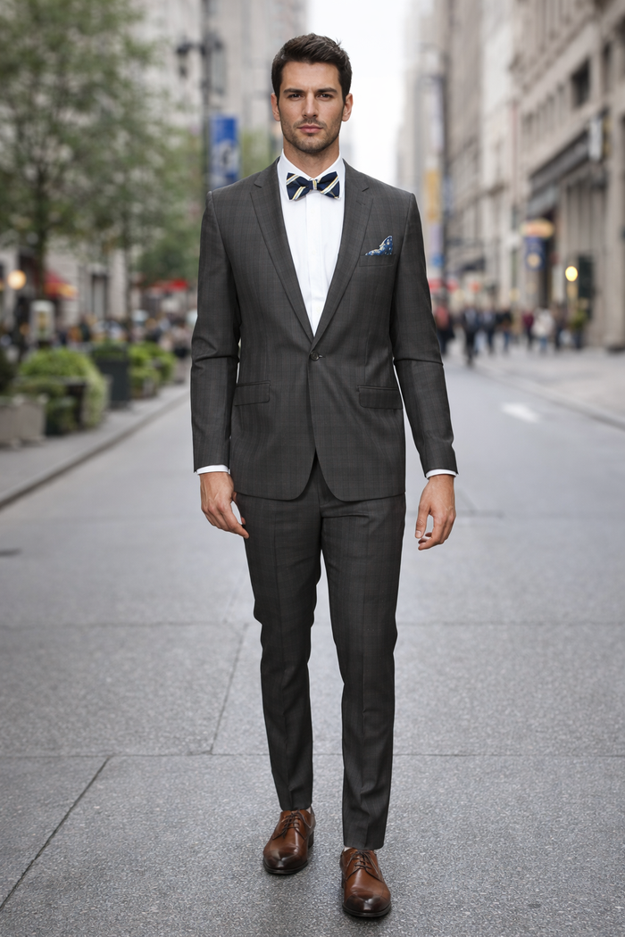 Men's Rossiman Rossi Man Brand Plaid Tapered Leg Lower Rise Pants & Get Skinny Brown 1 Button Slim Fit Peak Lapel Suit