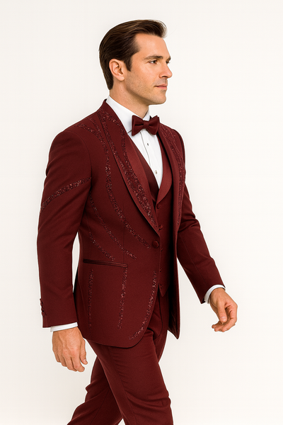 Men’s Burgundy Italian Wool 3-Piece Modern Formal Tuxedo 2   - from alligatorwarehouse.com