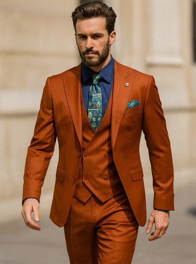 Men’s Burnt Orange 3-Piece Suit with Vest – Stylish Formal Wear 1   - from alligatorwarehouse.com