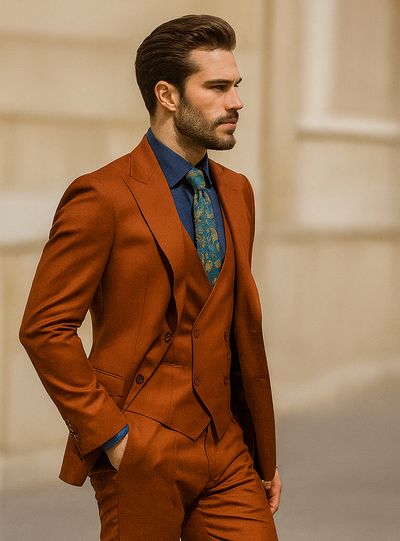 Men’s Burnt Orange 3-Piece Suit with Vest – Stylish Formal Wear 3   - from alligatorwarehouse.com
