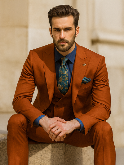 Men’s Burnt Orange 3-Piece Suit with Vest – Stylish Formal Wear 4   - from alligatorwarehouse.com