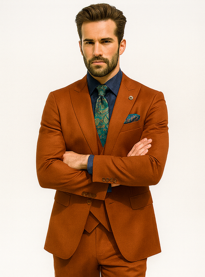 Men’s Burnt Orange 3-Piece Suit with Vest – Stylish Formal Wear 5   - from alligatorwarehouse.com