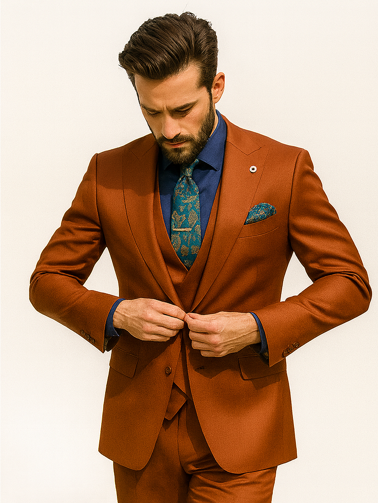 Men’s Burnt Orange 3-Piece Suit with Vest – Stylish Formal Wear