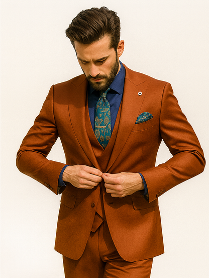 Men’s Burnt Orange 3-Piece Suit with Vest – Stylish Formal Wear