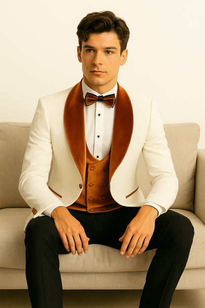 Marco Lorenzo Premium Paisley Burnt Orange Velvet 4pc Suit W/ Matching Bowtie