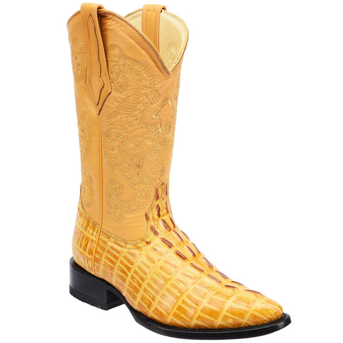 Men's Caiman Tail Print Leather J-Toe Boots - Black