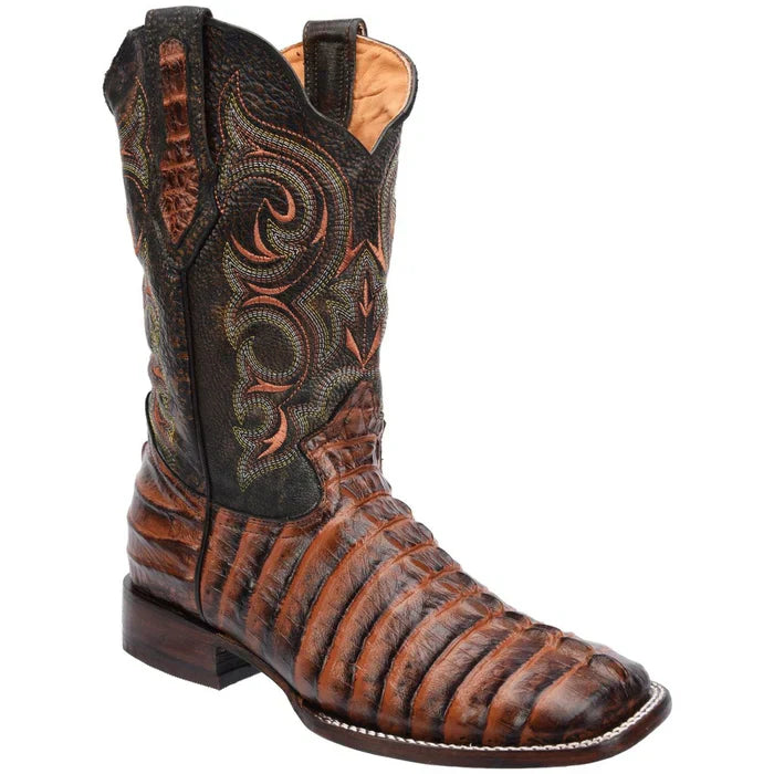 Men's Caiman Tail Print Leather Square Toe Boots - Shedron