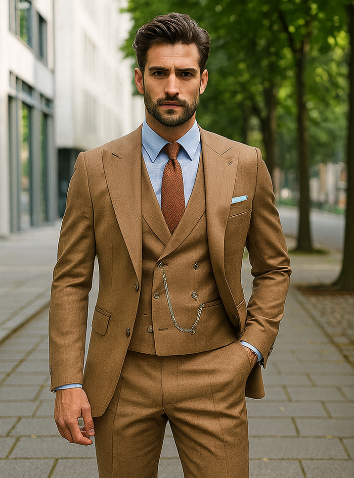 Men’s Camel Brown 3-Piece Suit with Vest and Chain – Formal Wear