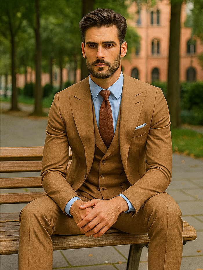 Men’s Camel Brown 3-Piece Suit with Vest and Chain – Formal Wear