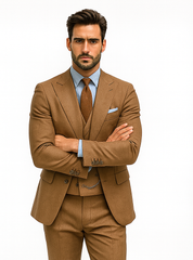 Men’s Camel Brown 3-Piece Suit with Vest and Chain – Formal Wear