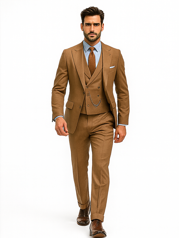 Men’s Camel Brown 3-Piece Suit with Vest and Chain – Formal Wear