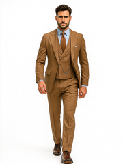 Men’s Camel Brown 3-Piece Suit with Vest and Chain – Formal Wear