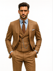 Men’s Camel Brown 3-Piece Suit with Vest and Chain – Formal Wear