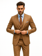 Men’s Camel Brown 3-Piece Suit with Vest and Chain – Formal Wear