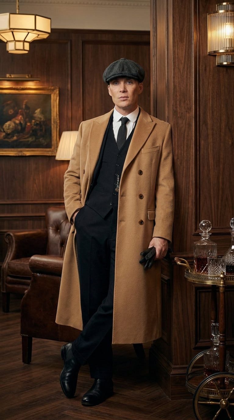 Mens Camel Brown Double Breasted Wool Overcoat + Suit – Peaky Blinders Inspired Vintage Long Trench Coat with Lapel Collar