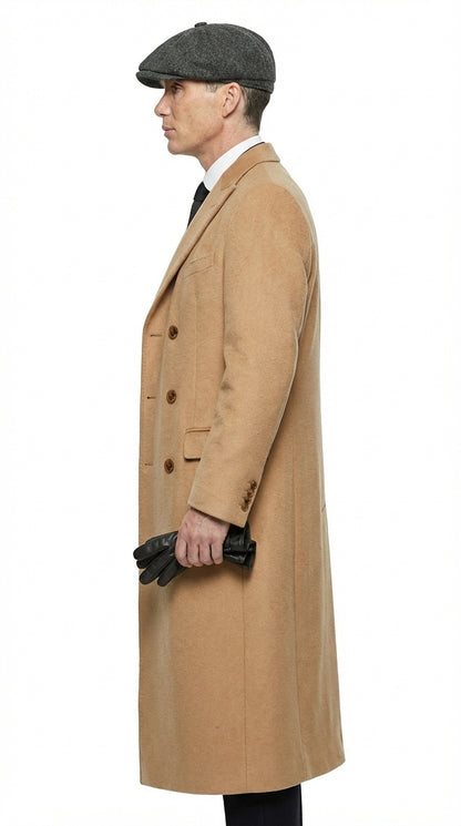Mens Camel Brown Double Breasted Wool Overcoat + Suit – Peaky Blinders Inspired Vintage Long Trench Coat with Lapel Collar