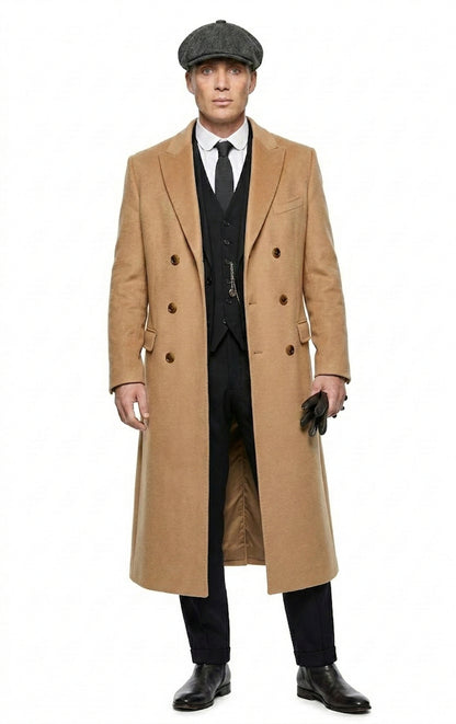 Mens Camel Brown Double Breasted Wool Overcoat + Suit – Peaky Blinders Inspired Vintage Long Trench Coat with Lapel Collar