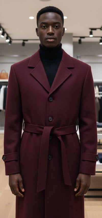 Men's Carmel Zhao Burgundy Full Length Belted Overcoat Porter