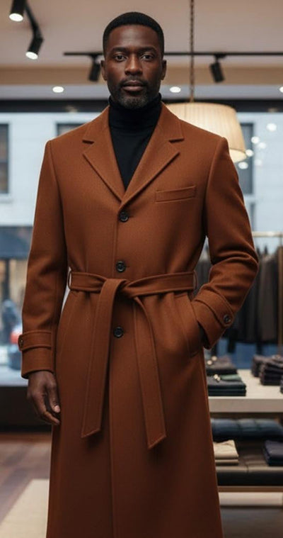Men's Cognac Full Length Belted Overcoat Porter